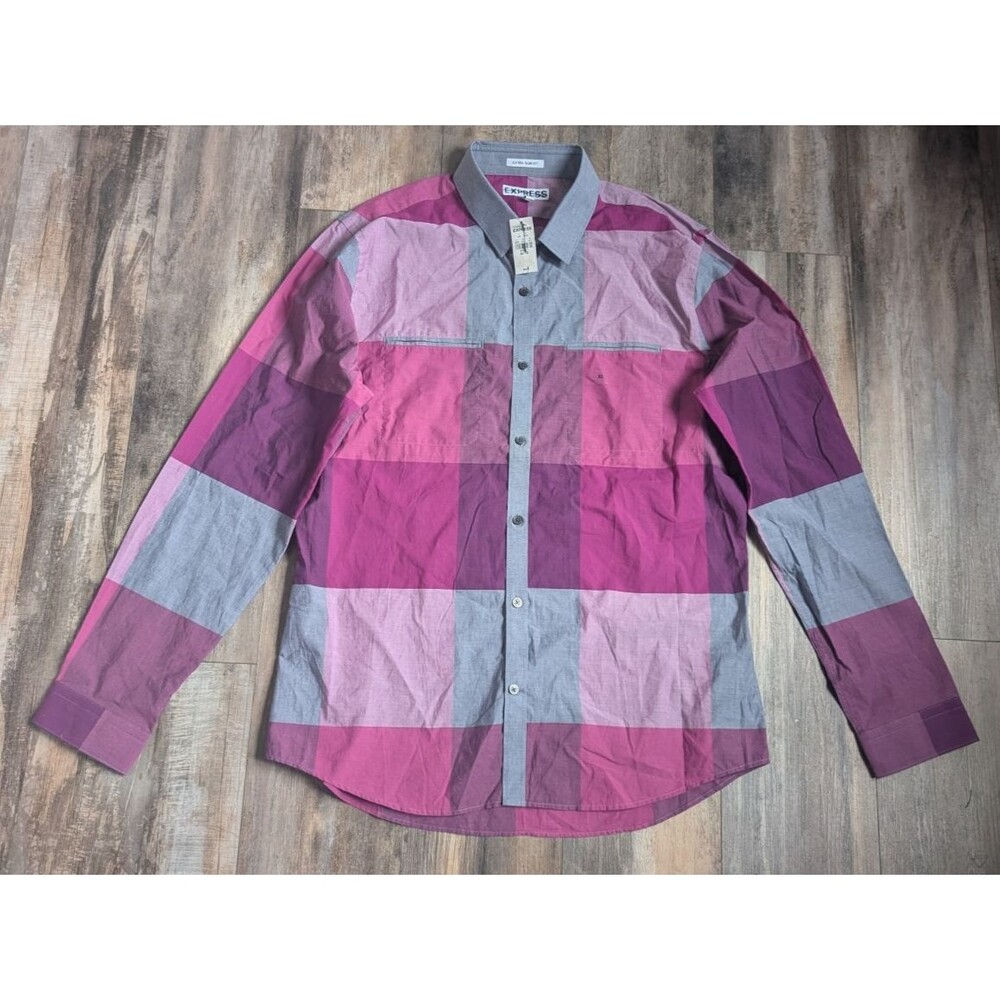 NWT NEW Express Men's Size XL Dress Shirt Extra Slim Fit Purple Plaid 17-17.5